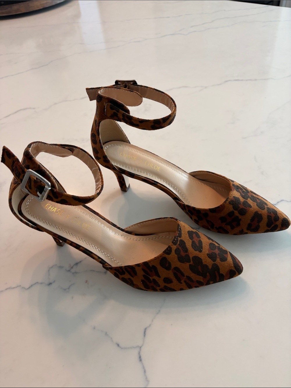 Chase + Chloe Leopard Print Ankle-Strap Kitten Heels - Brown/Black